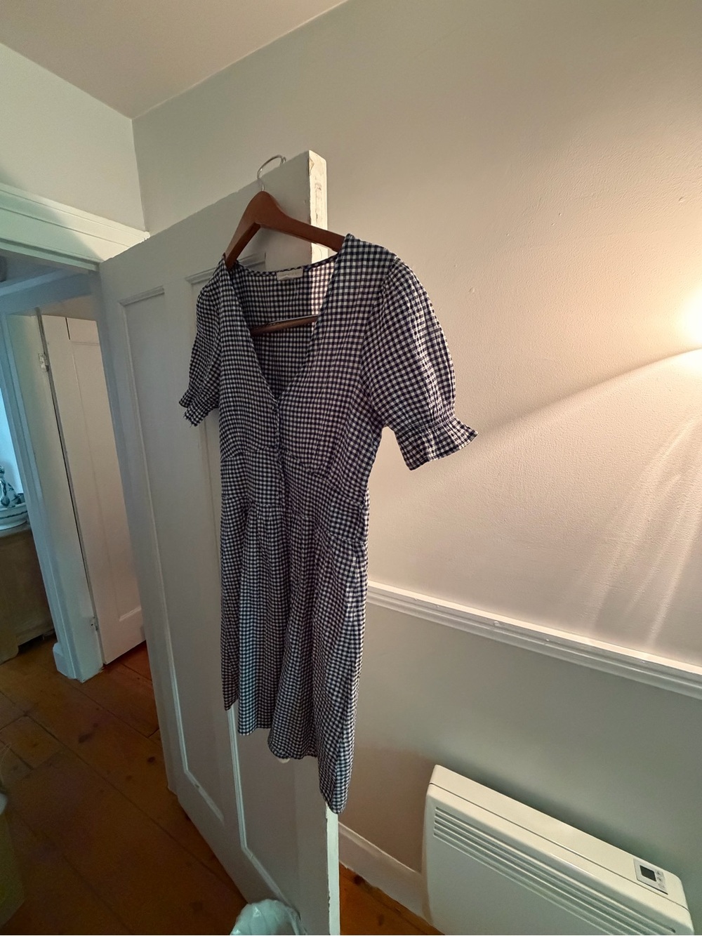 Gingham V-Neck Midi Dress in Navy and White